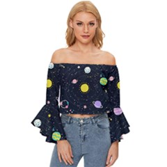 Aesthetic Outer Space Cartoon Art Off Shoulder Flutter Bell Sleeve Top