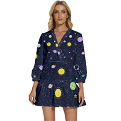 Aesthetic Outer Space Cartoon Art V-neck Placket Mini Dress by Bedest