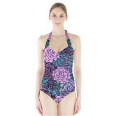 Purple Rose Retro Floral Flower Halter Swimsuit by Bedest