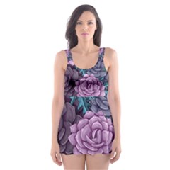 Purple Rose Retro Floral Flower Skater Dress Swimsuit by Bedest