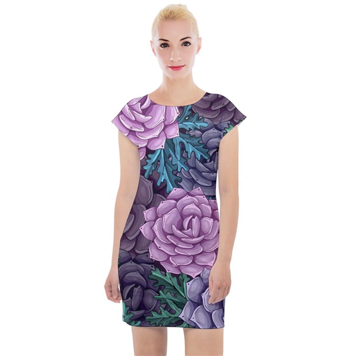 Purple Rose Retro Floral Flower Cap Sleeve Bodycon Dress