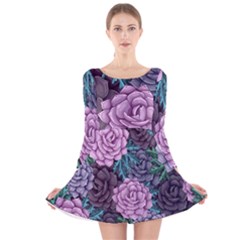 Purple Rose Retro Floral Flower Long Sleeve Velvet Skater Dress