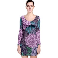 Purple Rose Retro Floral Flower Long Sleeve Velvet Bodycon Dress