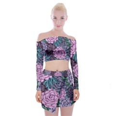 Purple Rose Retro Floral Flower Off Shoulder Top With Mini Skirt Set by Bedest