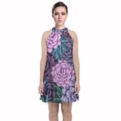 Purple Rose Retro Floral Flower Velvet Halter Neckline Dress 