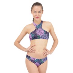 Purple Rose Retro Floral Flower High Neck Bikini Set by Bedest