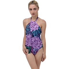 Purple Rose Retro Floral Flower Go With The Flow One Piece Swimsuit by Bedest