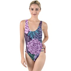 Purple Rose Retro Floral Flower High Leg Strappy Swimsuit by Bedest