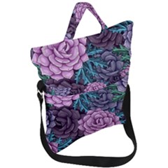 Purple Rose Retro Floral Flower Fold Over Handle Tote Bag by Bedest