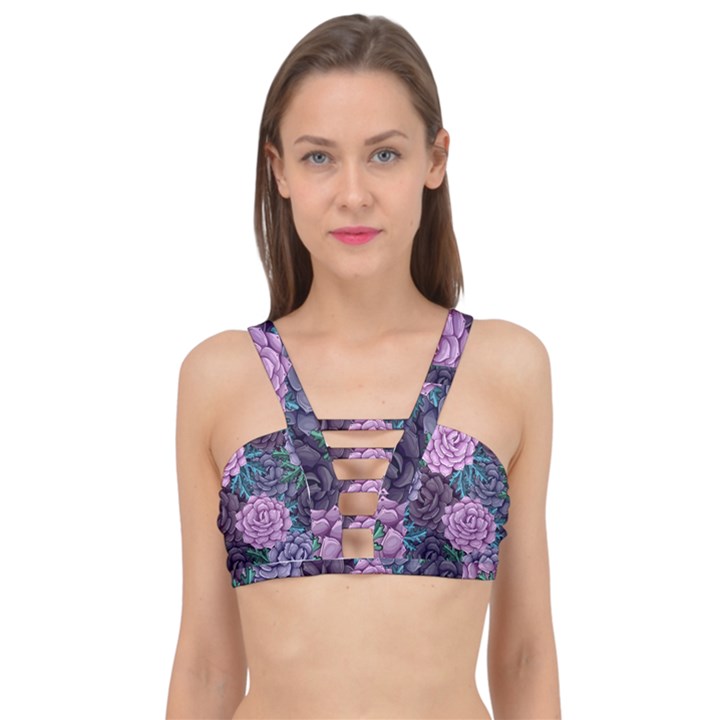 Purple Rose Retro Floral Flower Cage Up Bikini Top