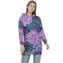 Purple Rose Retro Floral Flower Women s Long Oversized Pullover Hoodie