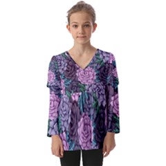 Purple Rose Retro Floral Flower Kids  V Neck Casual Top by Bedest