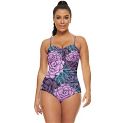 Purple Rose Retro Floral Flower Retro Full Coverage Swimsuit by Bedest