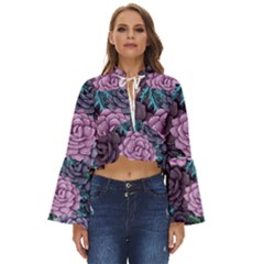 Purple Rose Retro Floral Flower Boho Long Bell Sleeve Top