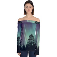 Silhouette Of Aurora Borealis Off Shoulder Long Sleeve Top by Bedest