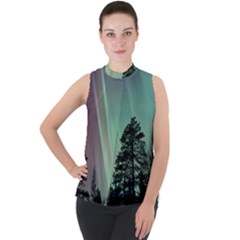 Silhouette Of Aurora Borealis Mock Neck Chiffon Sleeveless Top by Bedest