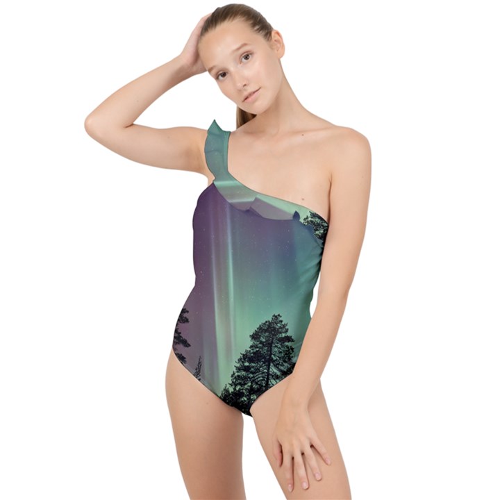 Silhouette Of Aurora Borealis Frilly One Shoulder Swimsuit