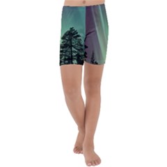 Silhouette Of Aurora Borealis Kids  Lightweight Velour Capri Yoga Leggings by Bedest