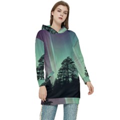 Silhouette Of Aurora Borealis Women s Long Oversized Pullover Hoodie