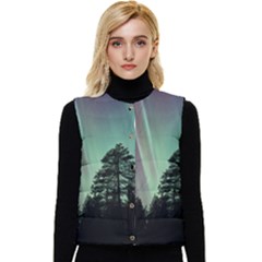 Silhouette Of Aurora Borealis Women s Button Up Puffer Vest