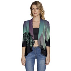 Silhouette Of Aurora Borealis Women s 3/4 Sleeve Ruffle Edge Open Front Jacket