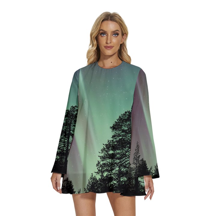 Silhouette Of Aurora Borealis Round Neck Long Sleeve Bohemian Style Chiffon Mini Dress