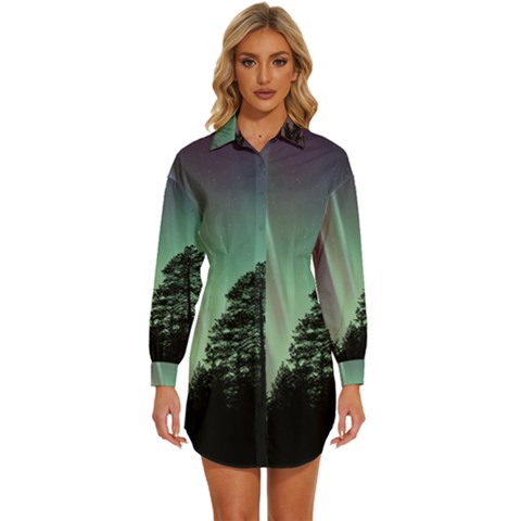 Silhouette Of Aurora Borealis Womens Long Sleeve Shirt Dress by Bedest