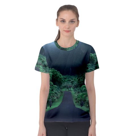 Jungle Road Hawaii Asphalt Mountains Green Women s Sport Mesh T-shirt by Bedest