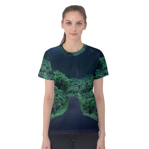 Jungle Road Hawaii Asphalt Mountains Green Women s Cotton T-shirt by Bedest