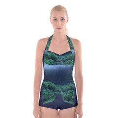 Jungle Road Hawaii Asphalt Mountains Green Boyleg Halter Swimsuit  by Bedest