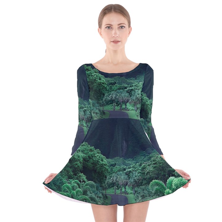 Jungle Road Hawaii Asphalt Mountains Green Long Sleeve Velvet Skater Dress