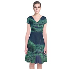 Jungle Road Hawaii Asphalt Mountains Green Short Sleeve Front Wrap Dress by Bedest