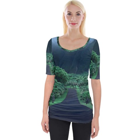 Jungle Road Hawaii Asphalt Mountains Green Wide Neckline T-shirt by Bedest