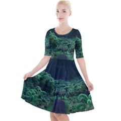 Jungle Road Hawaii Asphalt Mountains Green Quarter Sleeve A-line Dress With Pockets by Bedest