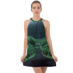 Jungle Road Hawaii Asphalt Mountains Green Halter Tie Back Chiffon Dress by Bedest