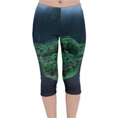 Jungle Road Hawaii Asphalt Mountains Green Velvet Capri Leggings  by Bedest