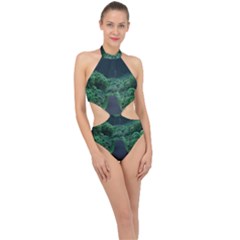 Jungle Road Hawaii Asphalt Mountains Green Halter Side Cut Swimsuit by Bedest