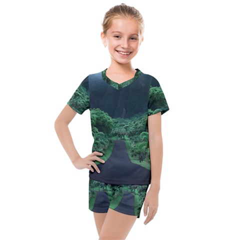 Jungle Road Hawaii Asphalt Mountains Green Kids  Mesh T-shirt And Shorts Set by Bedest