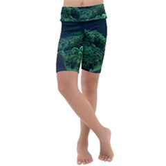 Jungle Road Hawaii Asphalt Mountains Green Kids  Lightweight Velour Cropped Yoga Leggings by Bedest