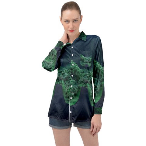 Jungle Road Hawaii Asphalt Mountains Green Long Sleeve Satin Shirt by Bedest