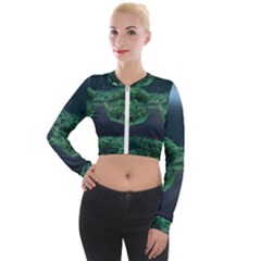 Jungle Road Hawaii Asphalt Mountains Green Long Sleeve Cropped Velvet Jacket by Bedest