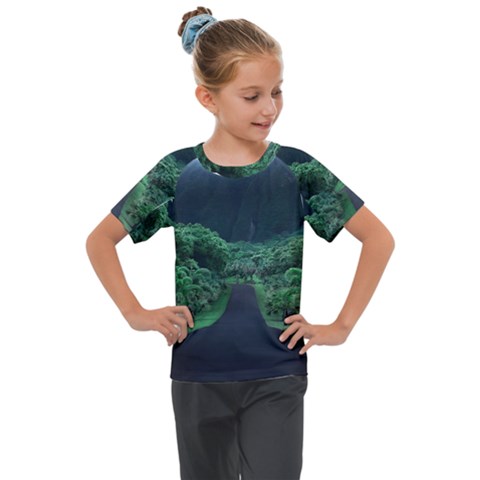 Jungle Road Hawaii Asphalt Mountains Green Kids  Mesh Piece T-shirt by Bedest