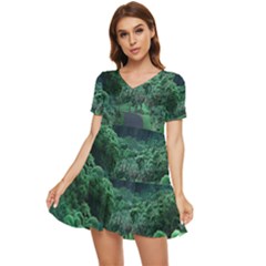 Jungle Road Hawaii Asphalt Mountains Green Tiered Short Sleeve Babydoll Dress by Bedest