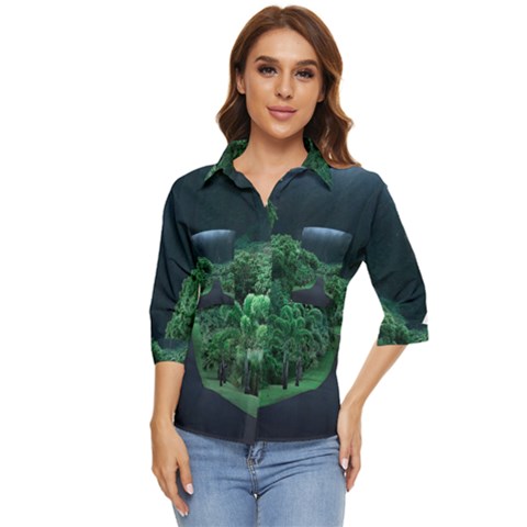 Jungle Road Hawaii Asphalt Mountains Green Women s Quarter Sleeve Pocket Shirt by Bedest