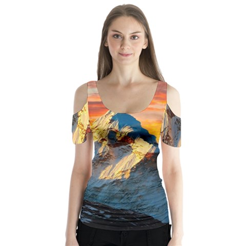 Himalaya Nature Mountain Butterfly Sleeve Cutout T-shirt  by Bedest