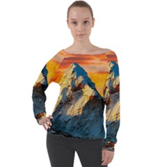 Himalaya Nature Mountain Off Shoulder Long Sleeve Velour Top by Bedest