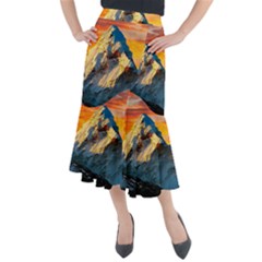 Himalaya Nature Mountain Midi Mermaid Skirt by Bedest