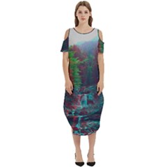 Foroest Nature Trippy Cold Shoulder Loose Fit Dress With Pockets by Bedest