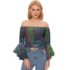 Foroest Nature Trippy Off Shoulder Flutter Bell Sleeve Top