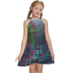 Foroest Nature Trippy Kids  Halter Collar Waist Tie Chiffon Dress by Bedest